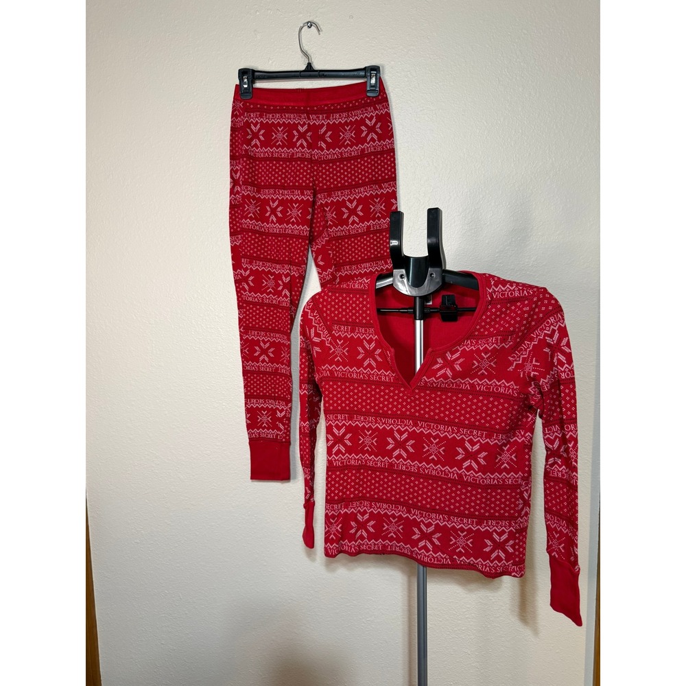 Victorias Secret Red Waffle Knit Fair Isle Pajama Set Small Short Logo Sleepwear